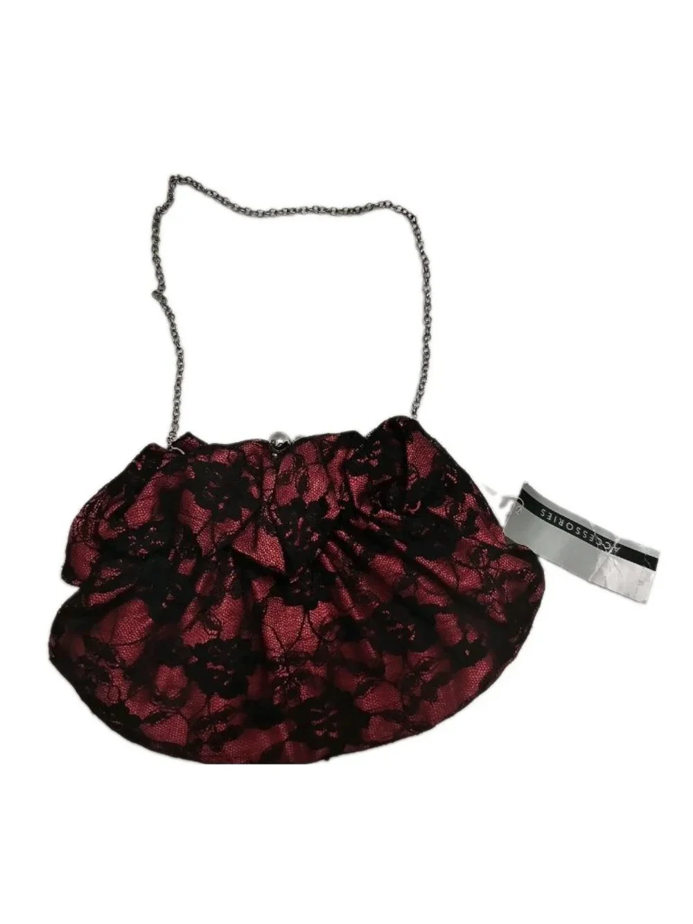 Accessories Red And Black Satin Lace Evening Clutch Bag With Silver Chain